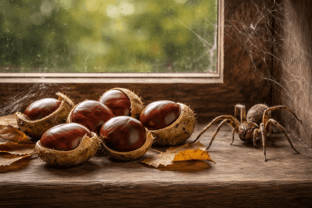 Horse chestnuts placed on a windowsill with a house spider nearby