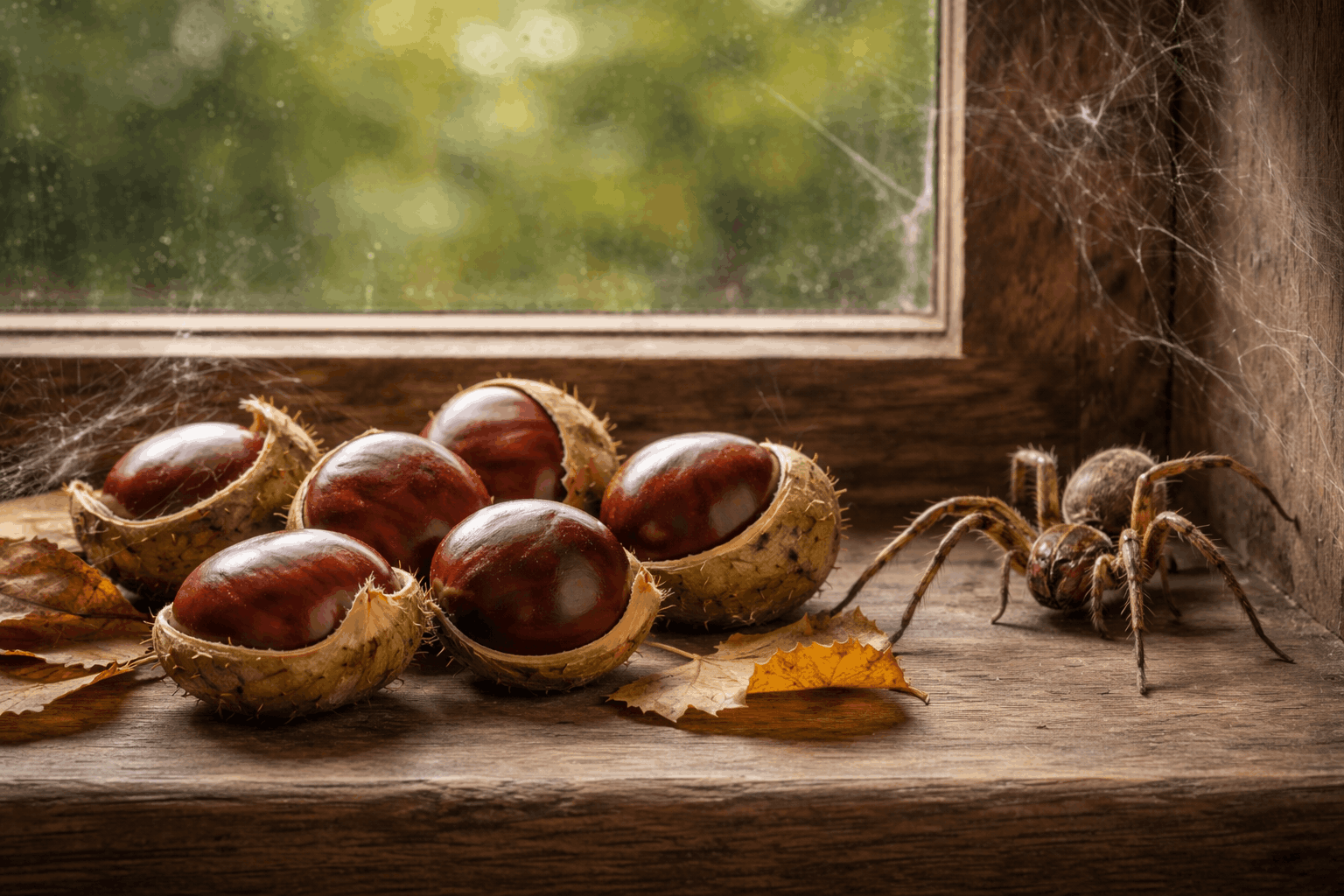 Horse chestnuts placed on a windowsill with a house spider nearby