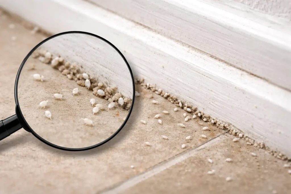 Tiny bugs on baseboard in focus
