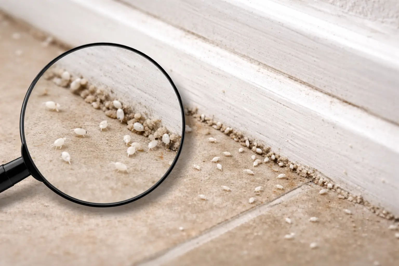 Tiny bugs on baseboard in focus