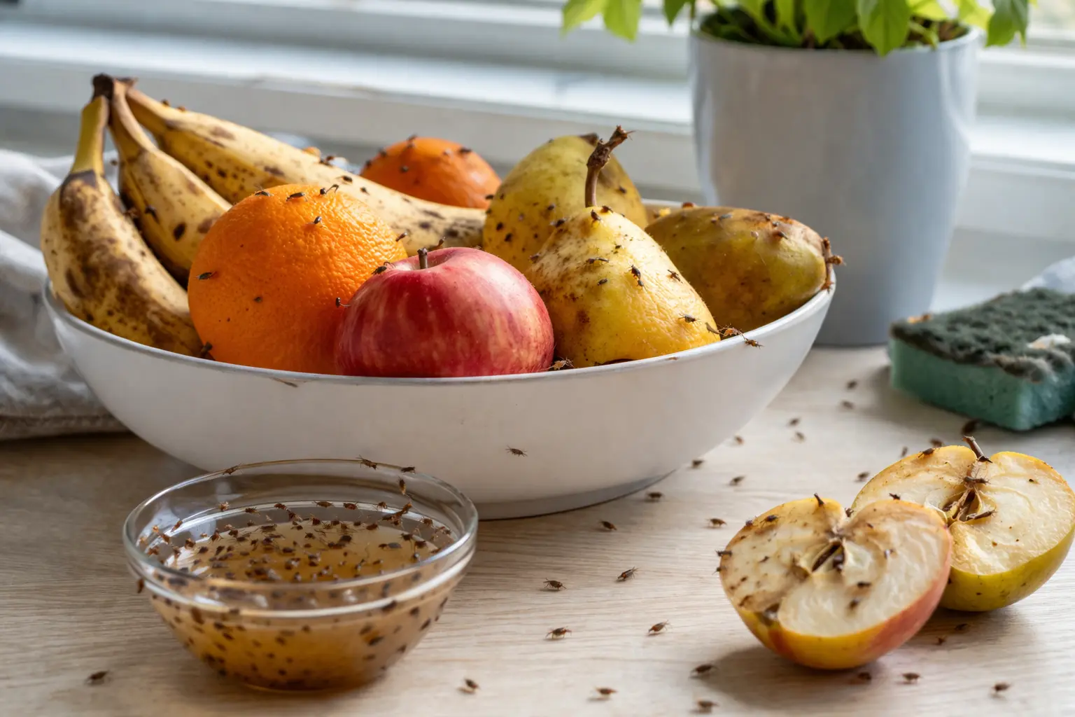 Fruit flies in a cluttered kitchen
