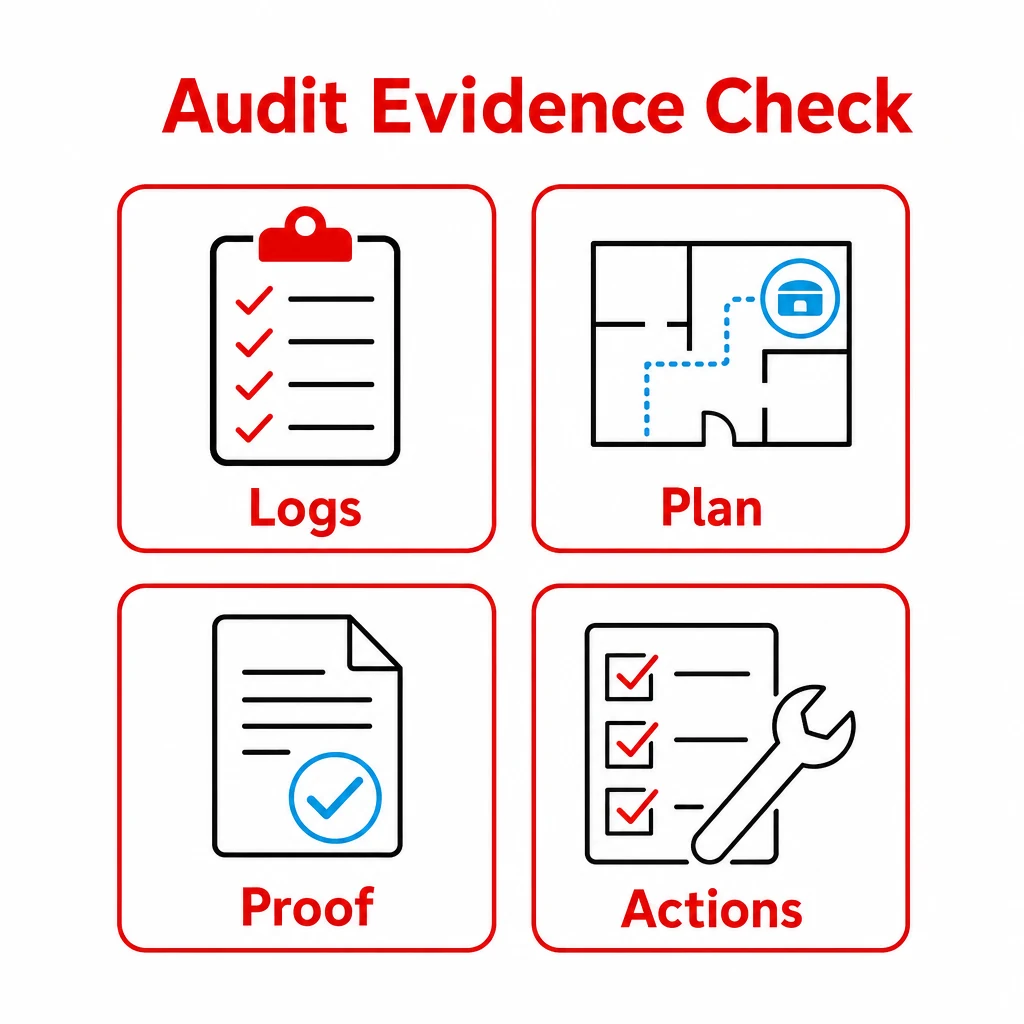 Checklist graphic showing logs, plan, proof and actions for pest audits.