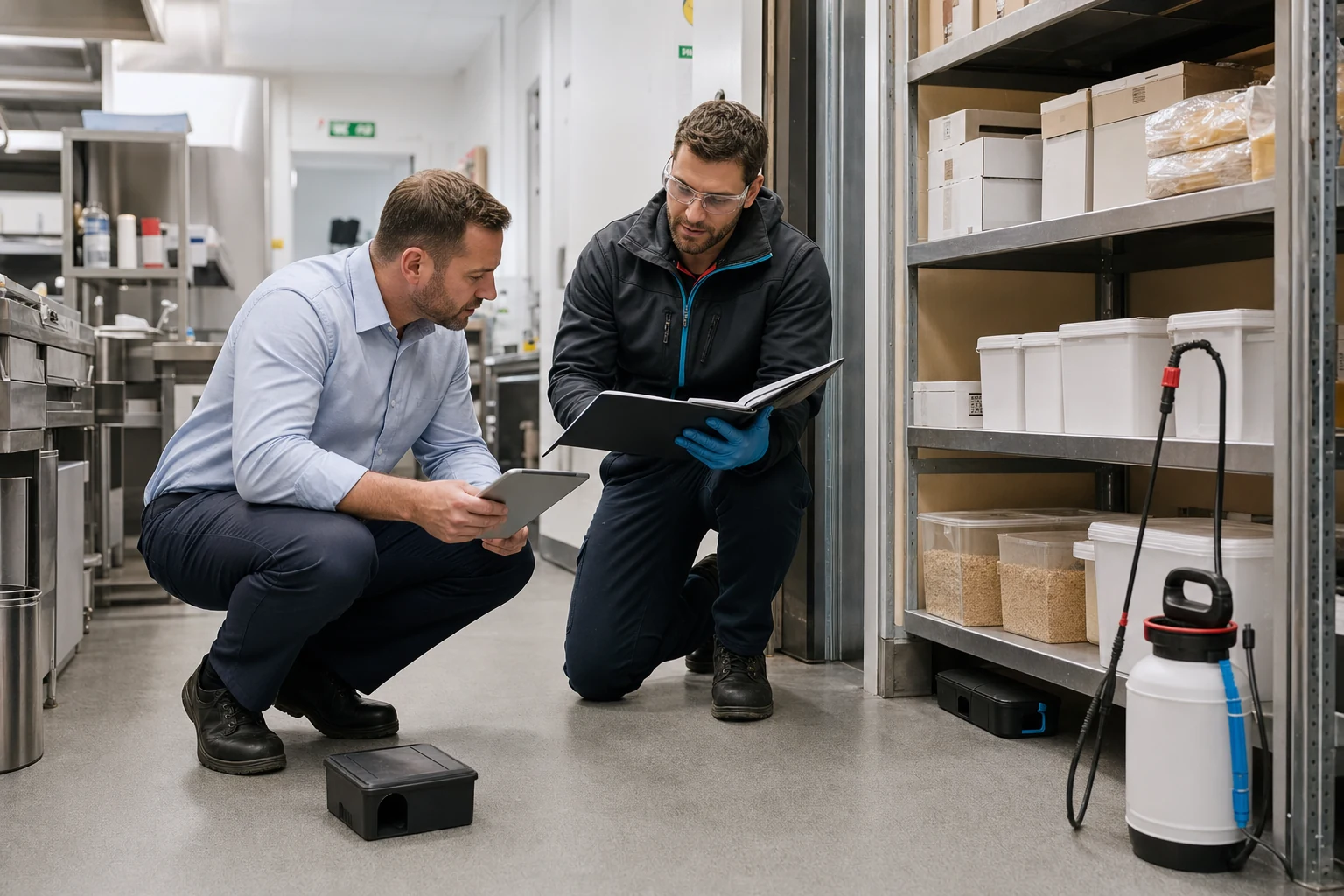 Pest control technician reviewing audit records in a commercial stockroom.