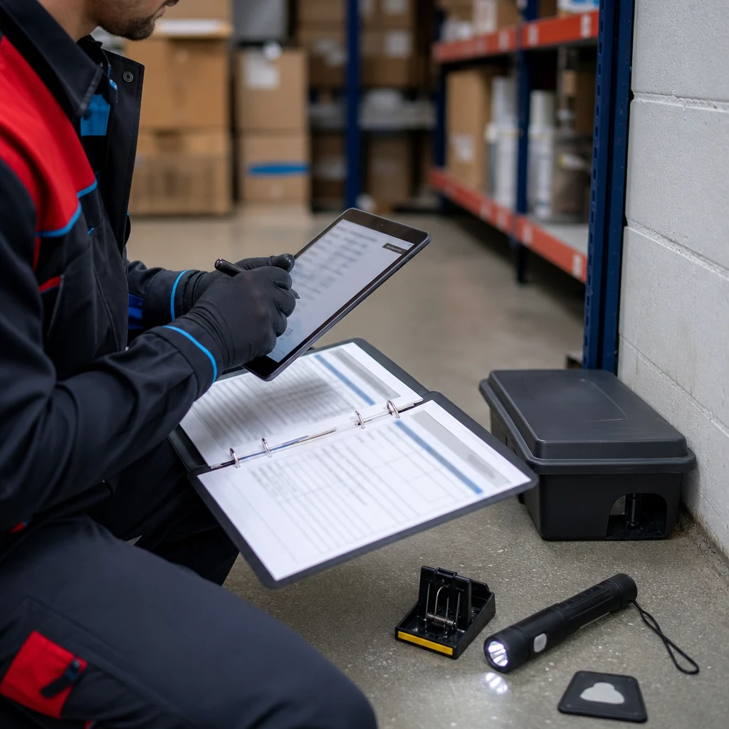 Technician recording a pest treatment log beside inspection equipment.