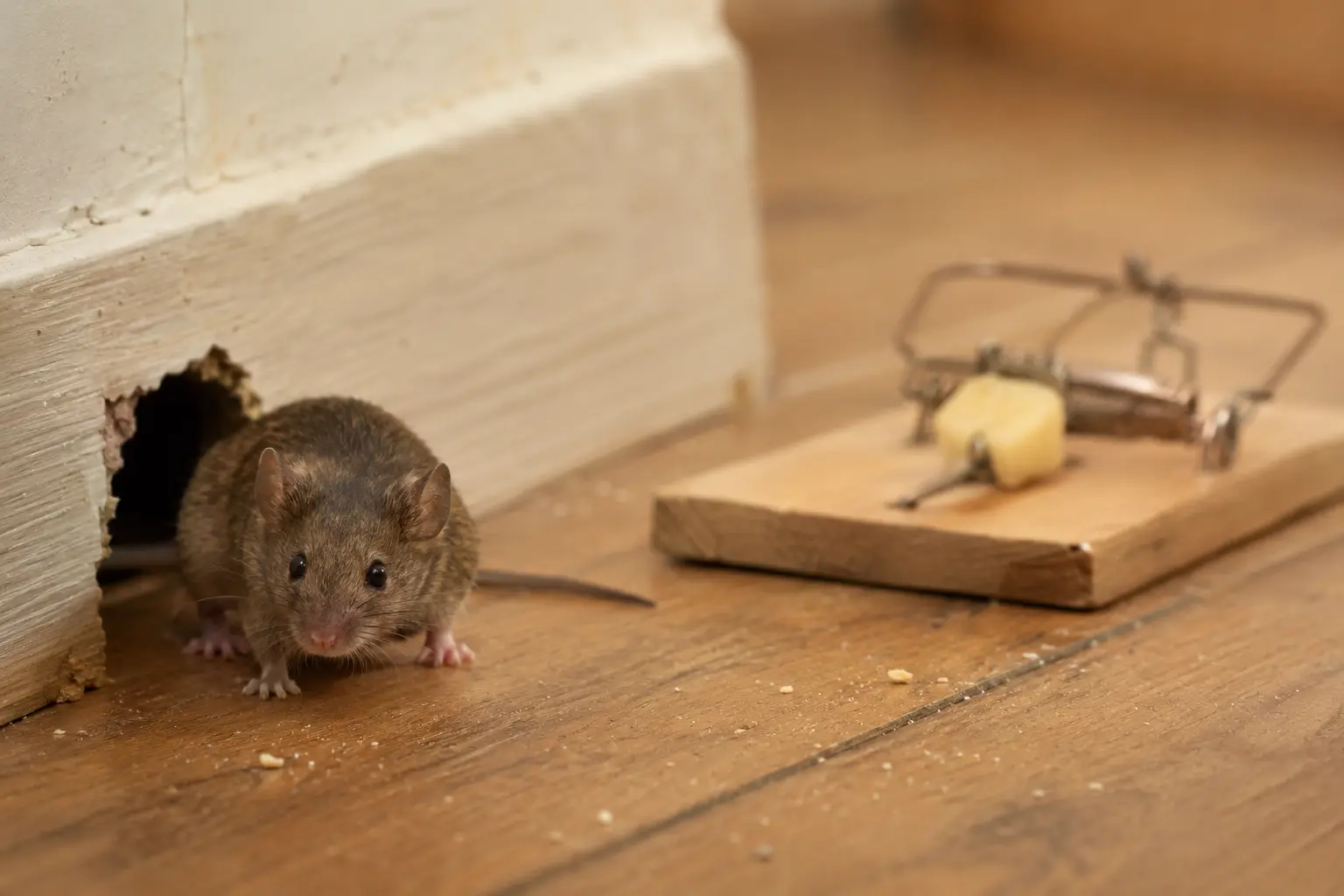 Mouse near the trap on wooden floor