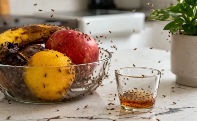 Fruit flies on a cluttered fruit basket